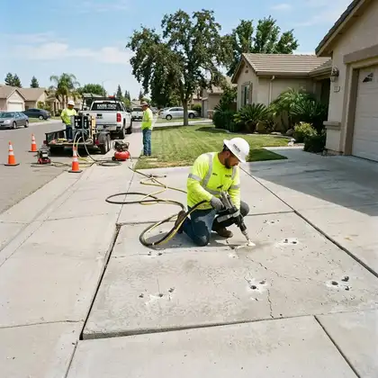Slabjacking a sunken driveway slab in Madera with injection ports drilled
