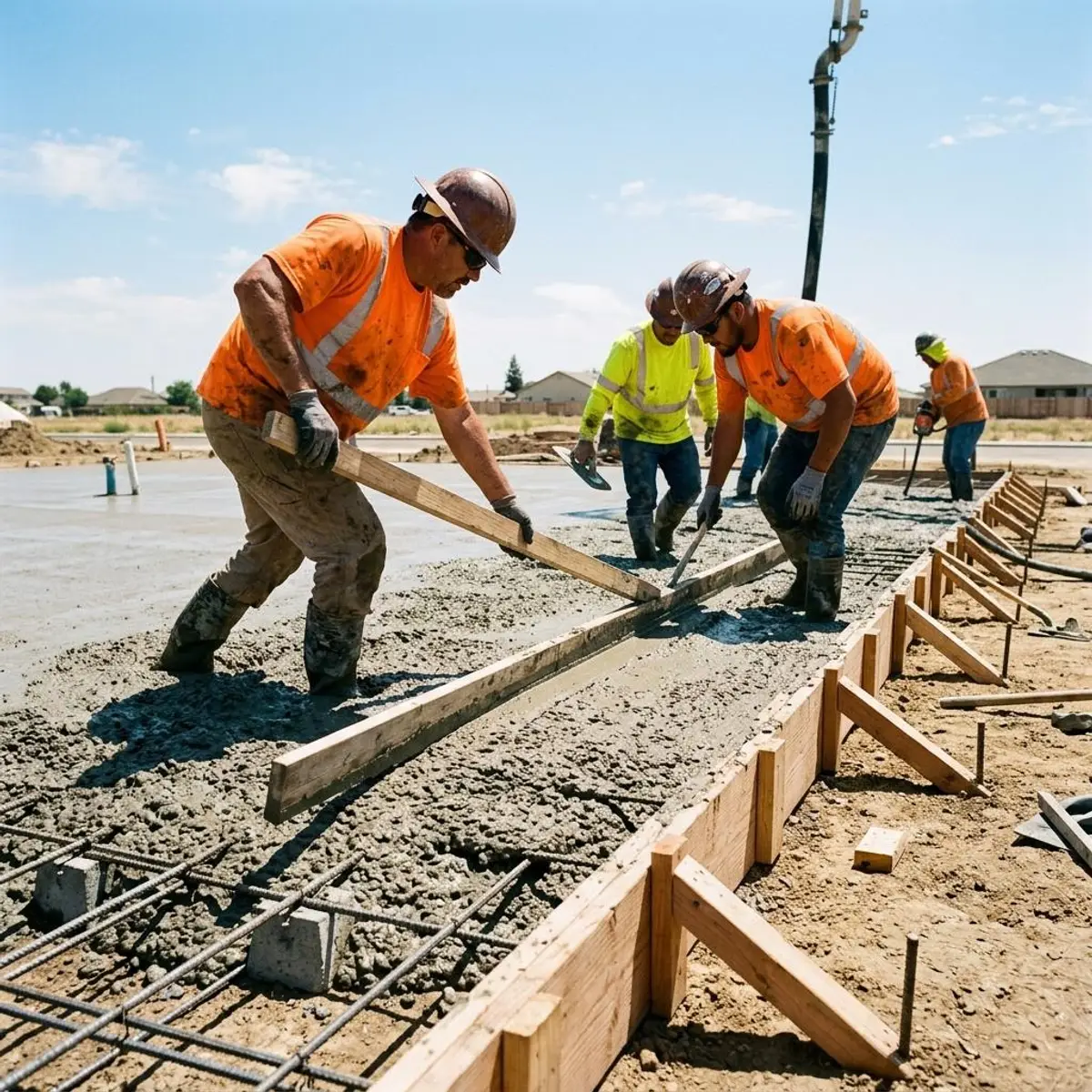 Crew screeding a fresh concrete patio slab pour