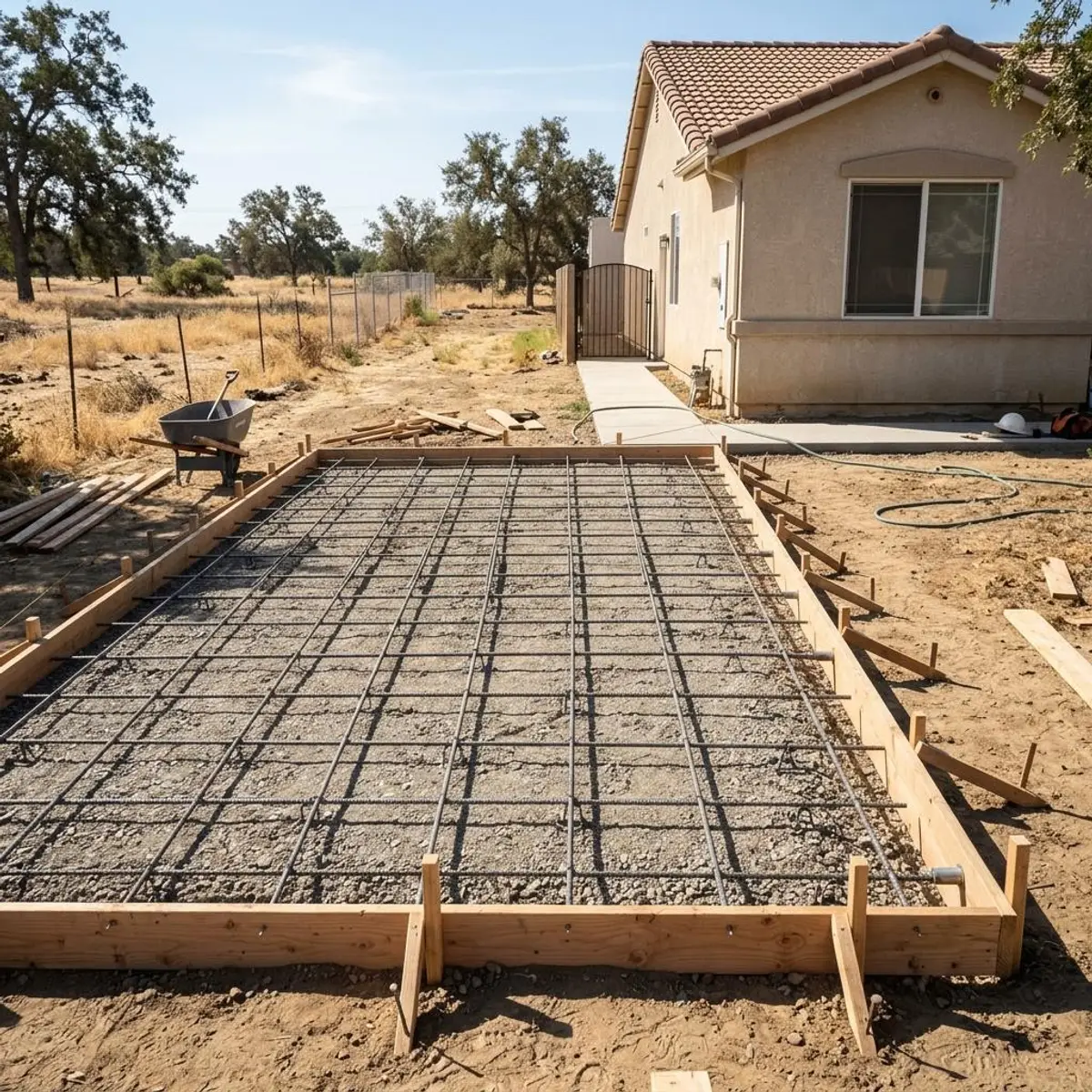 Compacted base, forms and rebar prepared for a driveway pour