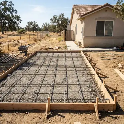 Compacted base, forms and rebar prepared for a driveway pour
